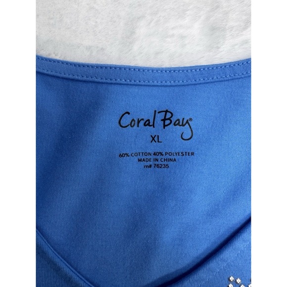 Coral Bay XL Knit Popover Tee T-Shirt Top Blue With Silver Rhinestone V Neck - Picture 12 of 12